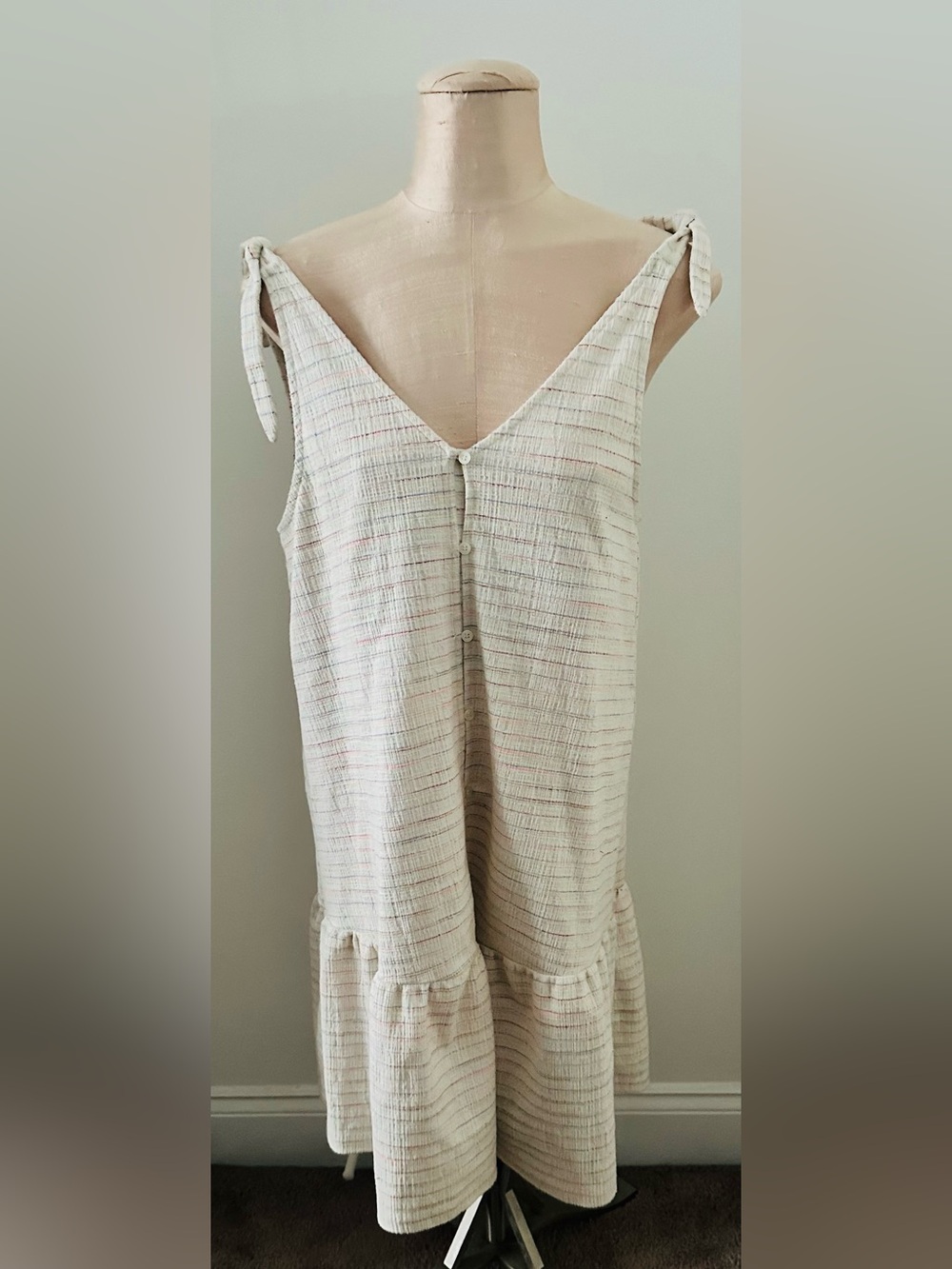 LOFT Cream Textured Tie-Strap V-Neck Camisole Dress